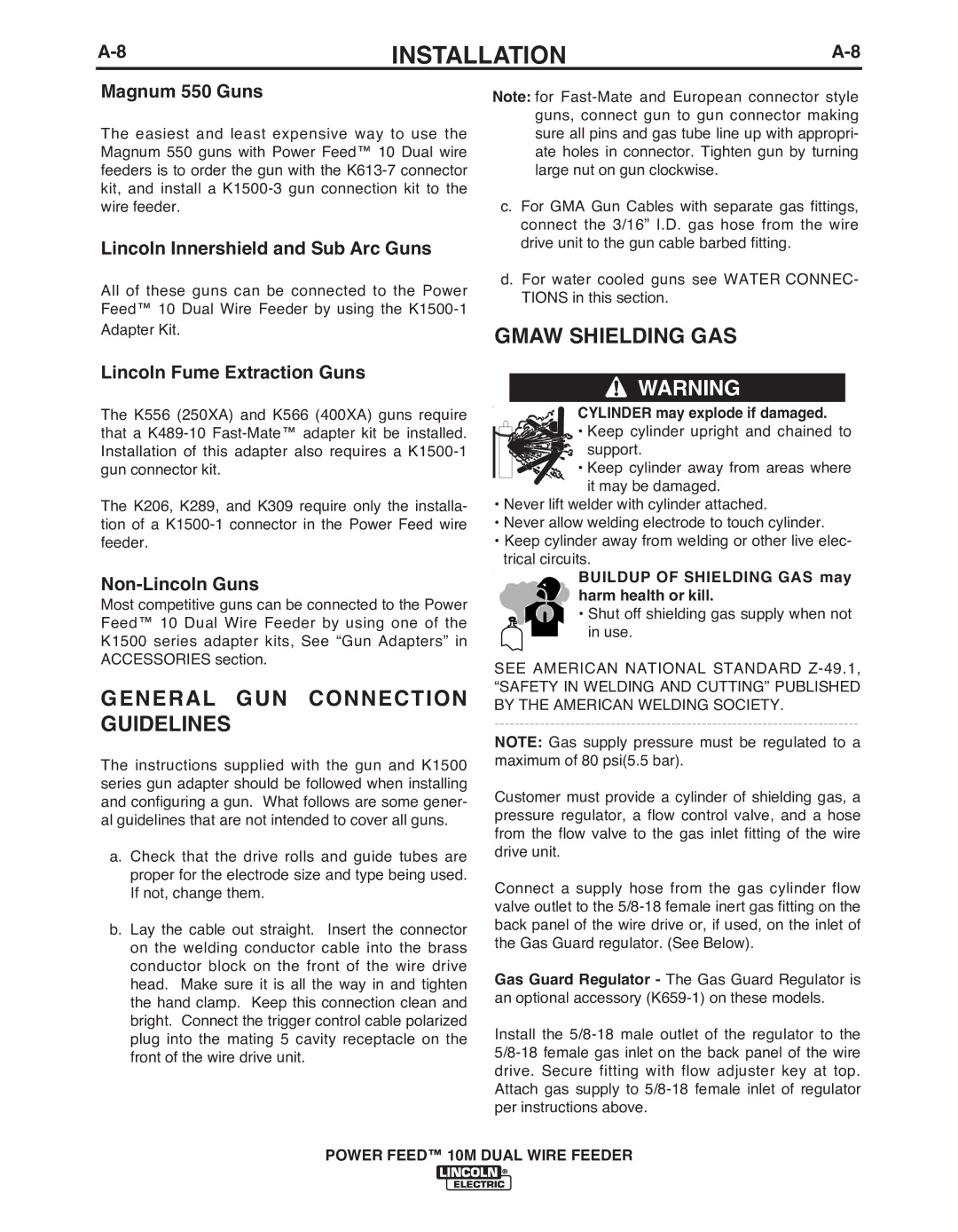 Lincoln Electric IM916 manual General GUN Connection Guidelines, Gmaw Shielding GAS 