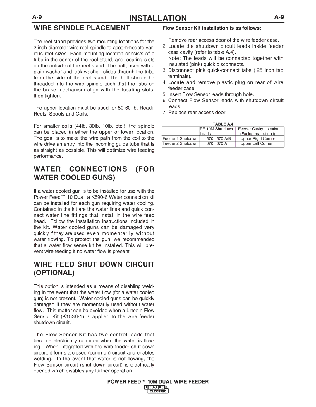 Lincoln Electric IM916 manual Wire Spindle Placement, Water Connections for Water Cooled Guns 