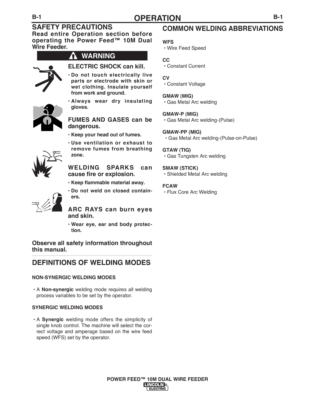 Lincoln Electric IM916 manual Safety Precautions, Definitions of Welding Modes 