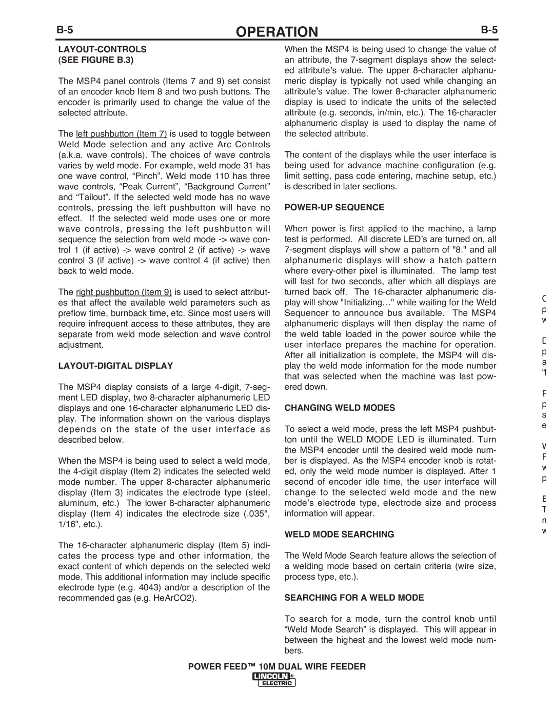 Lincoln Electric IM916 manual LAYOUT-DIGITAL Display, POWER-UP Sequence, Changing Weld Modes, Weld Mode Searching 