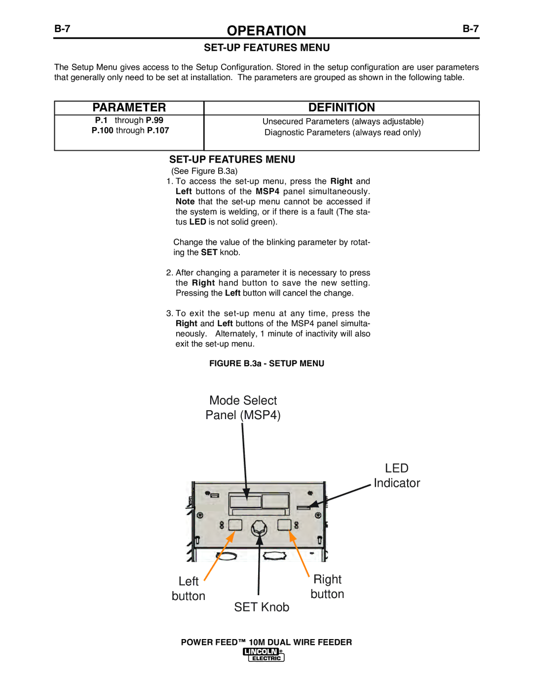 Lincoln Electric IM916 manual Parameter Definition, SET-UP Features Menu 