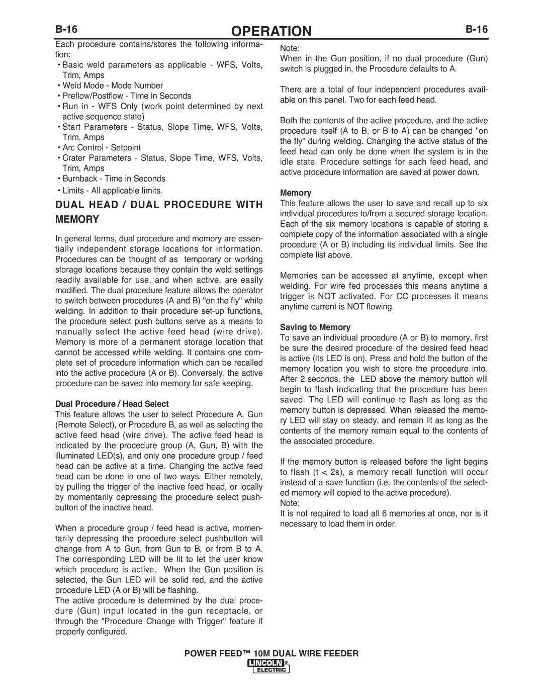 Lincoln Electric IM916 manual Dual Head / Dual Procedure with Memory, Dual Procedure / Head Select, Saving to Memory 