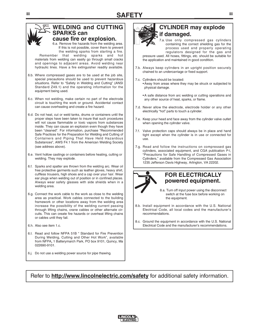 Lincoln Electric IM916 manual Welding and Cutting Sparks can Cause fire or explosion, Iii 