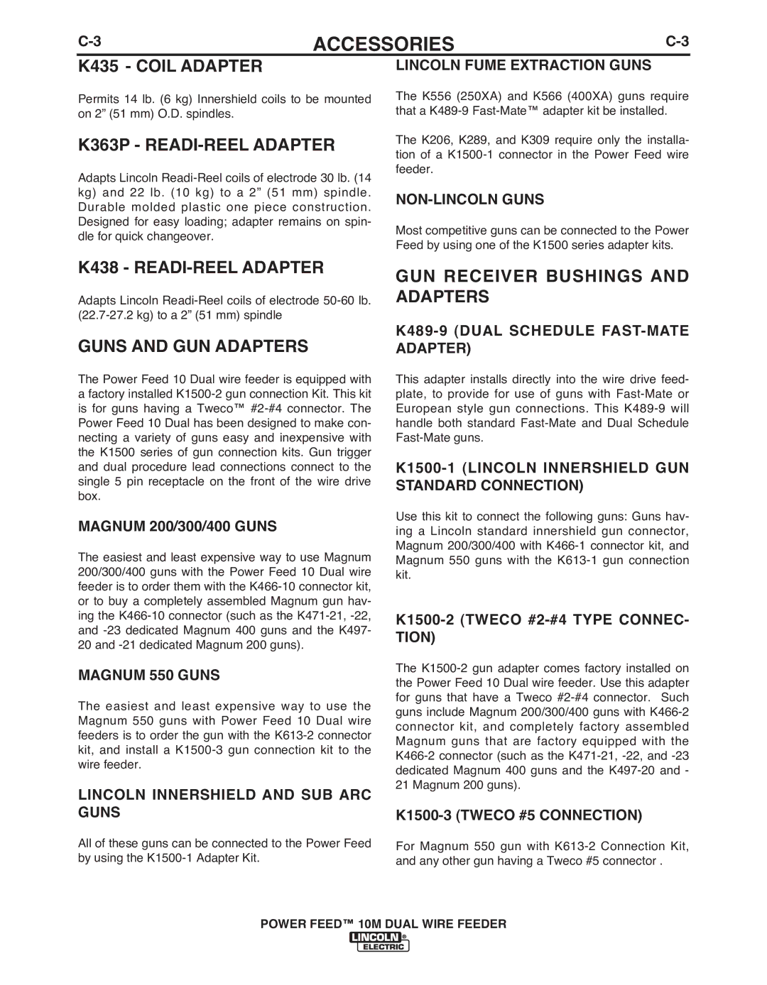 Lincoln Electric IM916 manual K435 Coil Adapter, K363P READI-REEL Adapter, K438 READI-REEL Adapter, Guns and GUN Adapters 