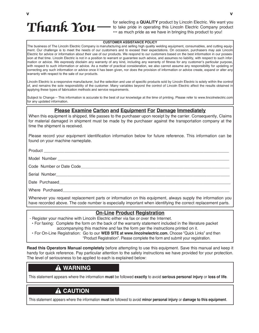 Lincoln Electric IM916 manual Please Examine Carton and Equipment For Damage Immediately, On-Line Product Registration 