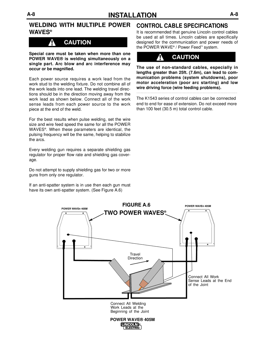 Lincoln Electric IM917-A manual Welding with Multiple Power Waves, Control Cable Specifications, TWO Power Waves 