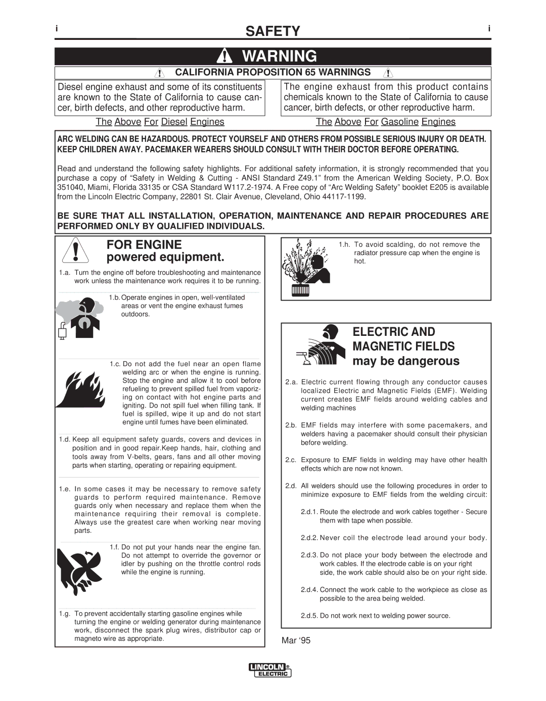 Lincoln Electric IM917-A manual Safety, California Proposition 65 Warnings 