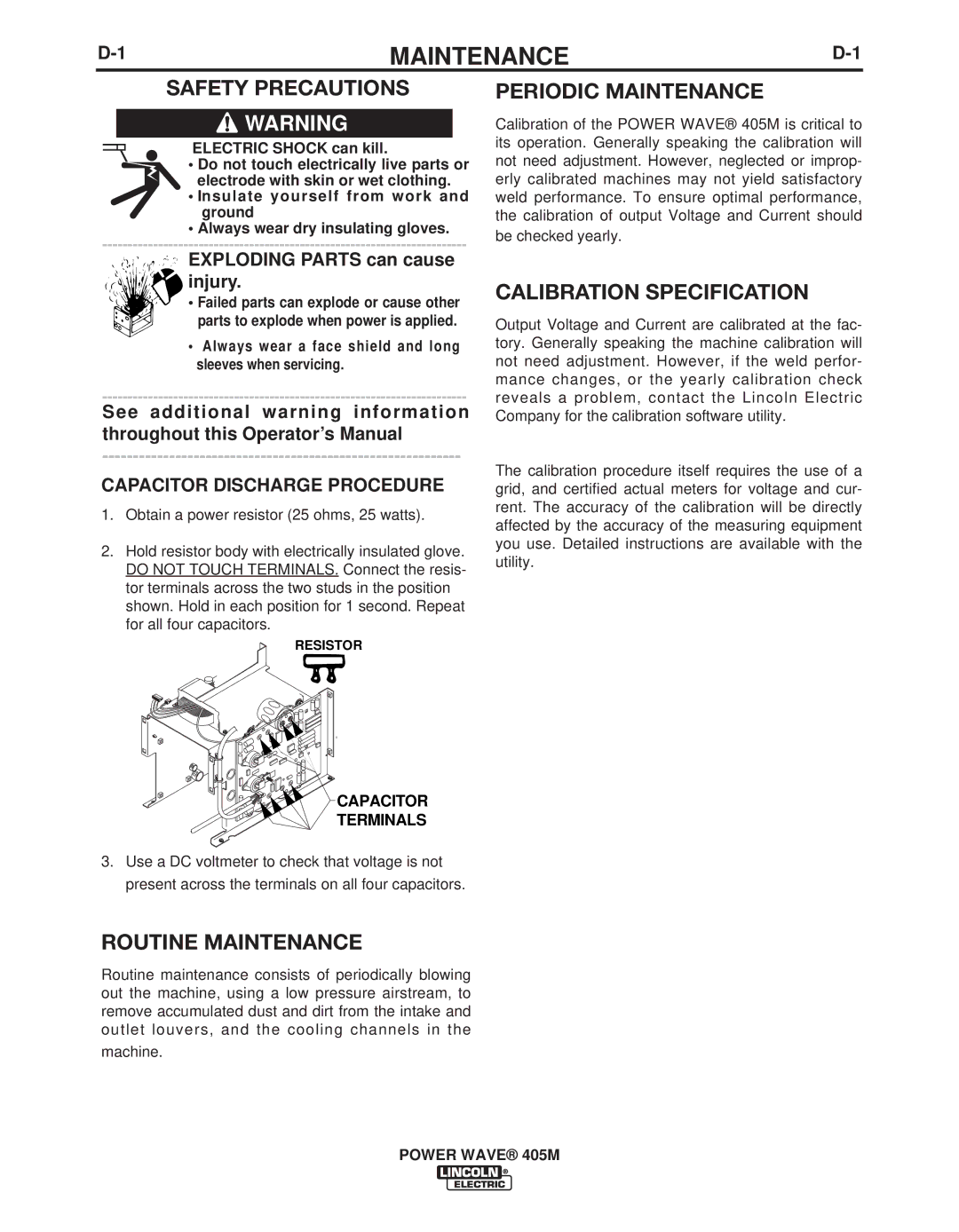 Lincoln Electric IM917-A manual Maintenance, Capacitor Discharge Procedure 