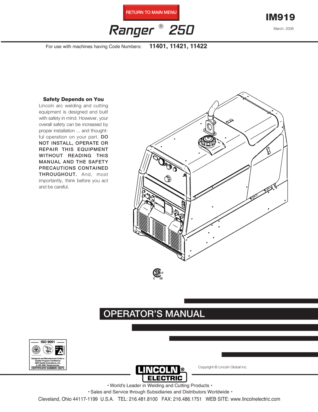 Lincoln Electric IM919 manual Ranger 250 