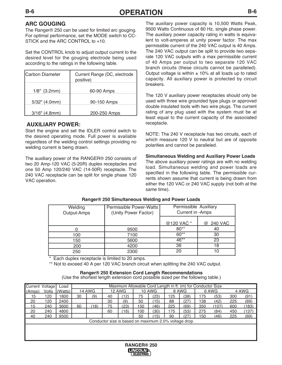 Lincoln Electric IM919 manual ARC Gouging, Auxiliary Power 