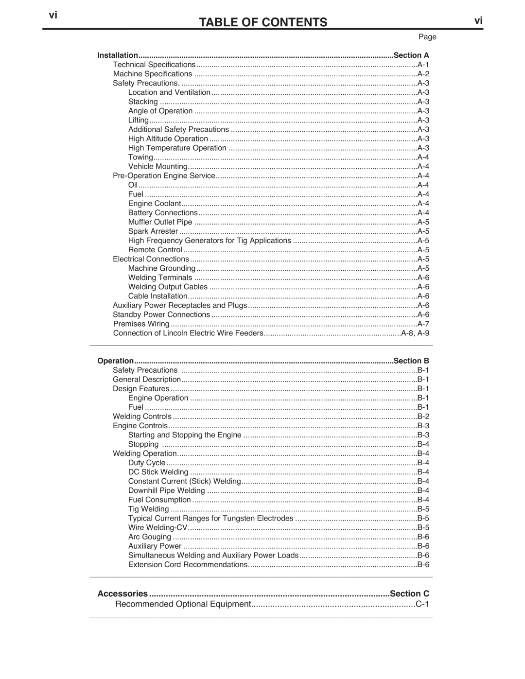 Lincoln Electric IM919 Table Of Contents, Page, Installation, Section A, Technical Specifications, Machine Specifications 