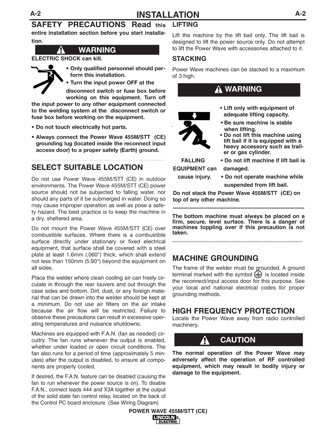 Lincoln Electric IM924 manual Machine Grounding, High Frequency Protection, Lifting, Stacking, Falling 