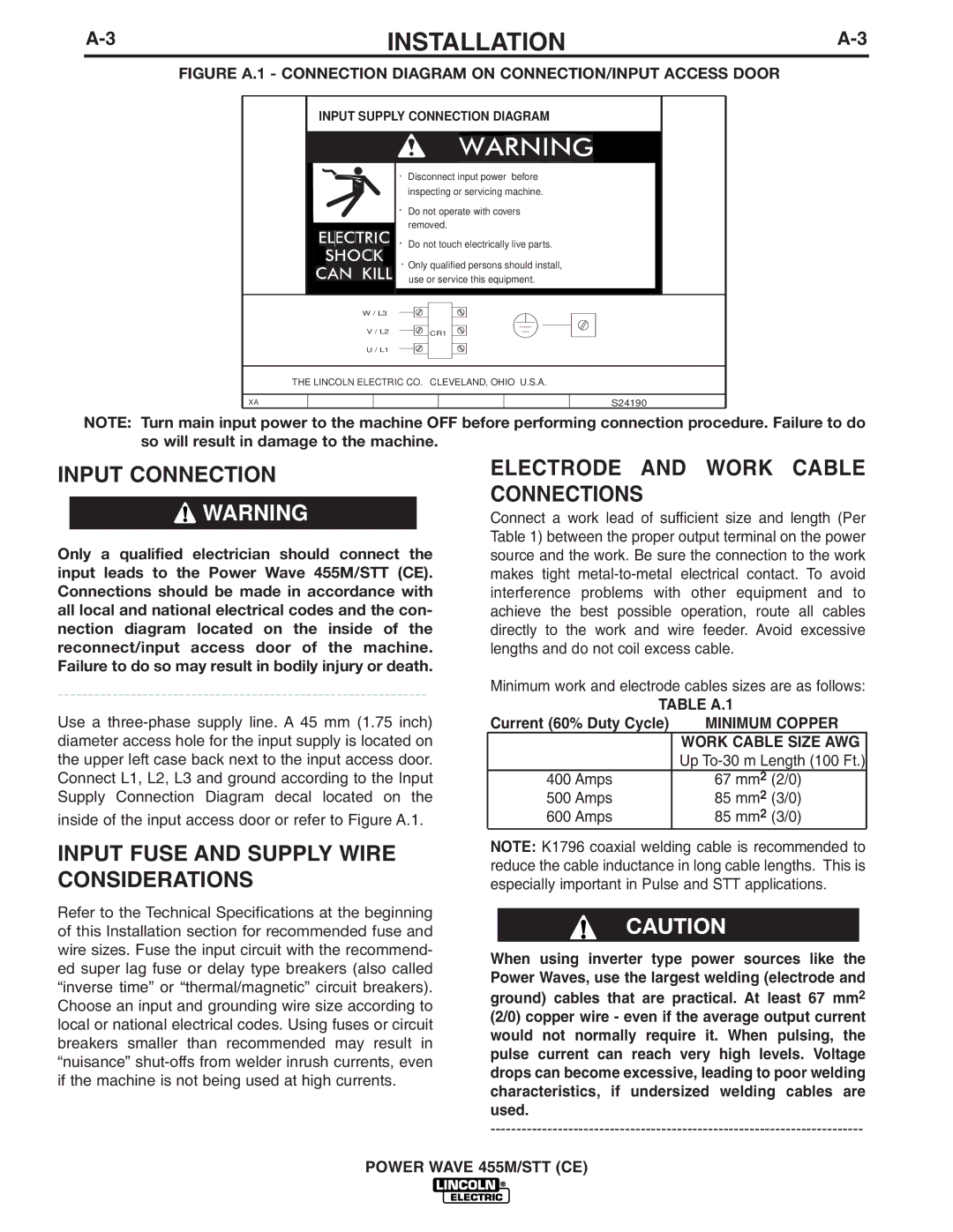 Lincoln Electric IM924 Input Connection, Input Fuse and Supply Wire Considerations, Electrode and Work Cable Connections 