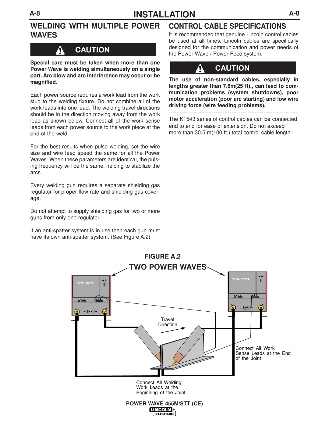 Lincoln Electric IM924 manual Welding with Multiple Power Waves, Control Cable Specifications, TWO Power Waves 