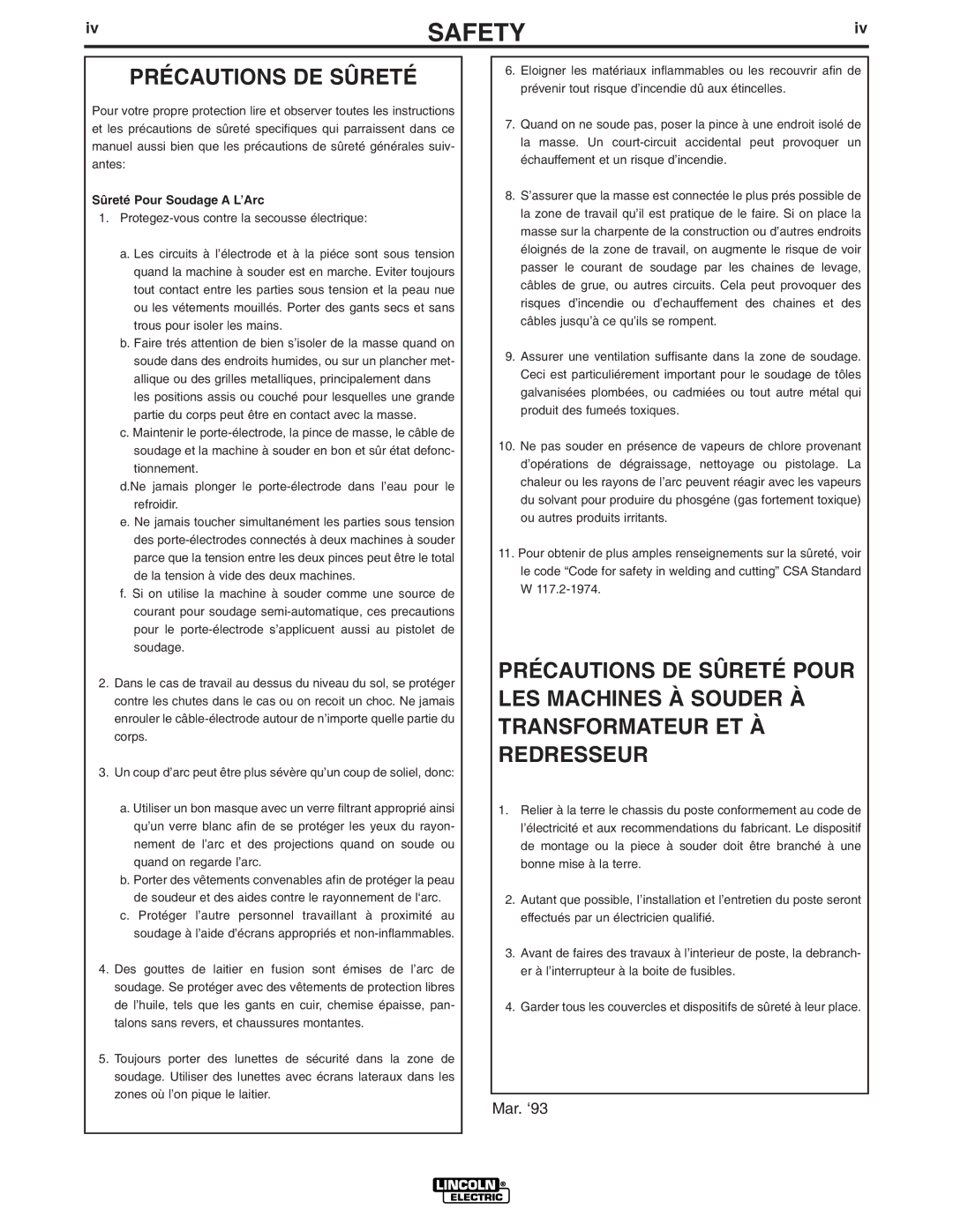 Lincoln Electric IM924 manual Précautions DE Sûreté, Sûreté Pour Soudage a L’Arc 