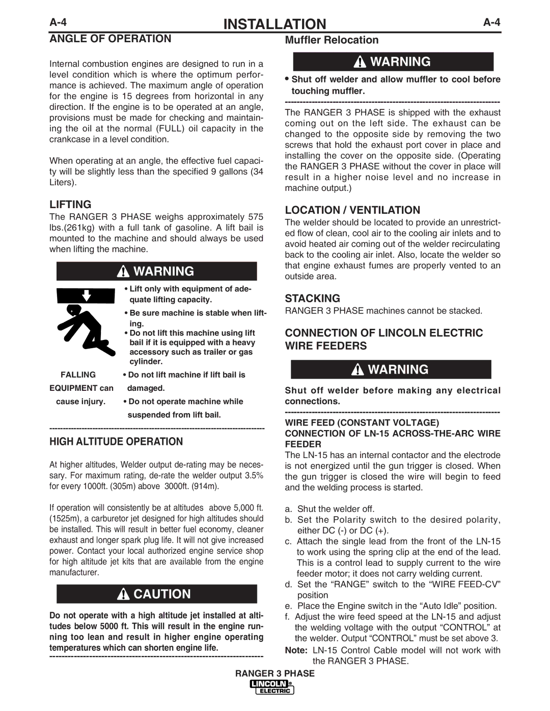 Lincoln Electric IM929 manual Angle of Operation, Lifting, High Altitude Operation, Location / Ventilation, Stacking 