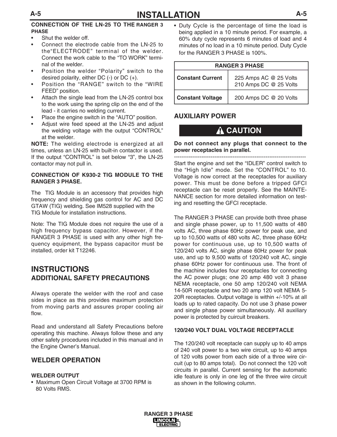 Lincoln Electric IM929 manual Instructions, Additional Safety Precautions, Welder Operation, Auxiliary Power 