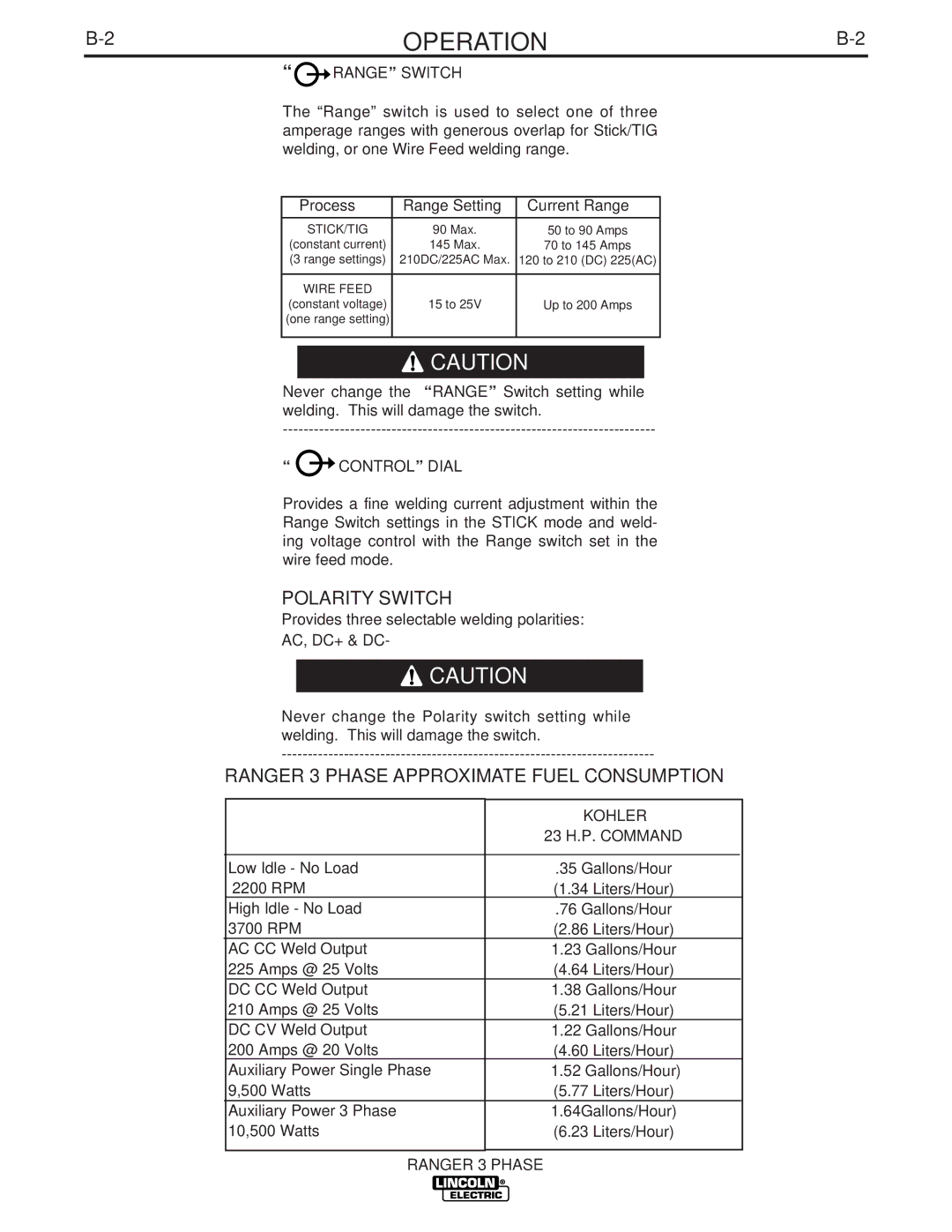 Lincoln Electric IM929 manual Polarity Switch, Ranger 3 Phase Approximate Fuel Consumption 