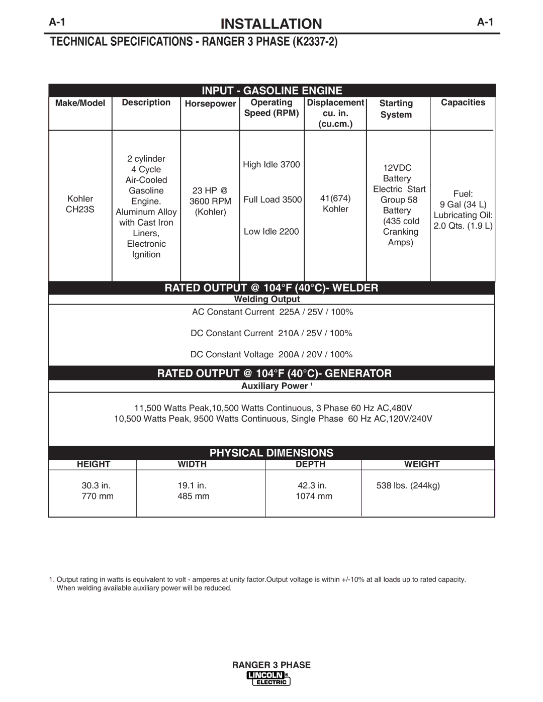 Lincoln Electric IM929 manual Installation, Technical Specifications Ranger 3 Phase K2337-2, Height Width Depth Weight 