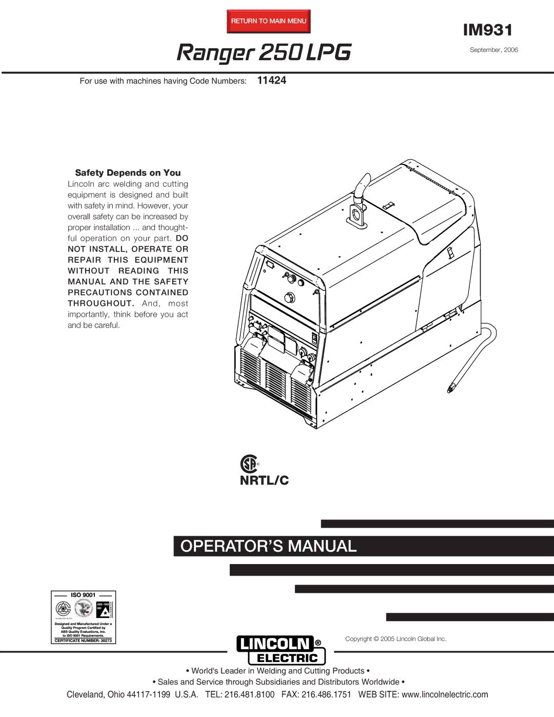 Lincoln Electric IM931 manual Ranger 250 LPG 