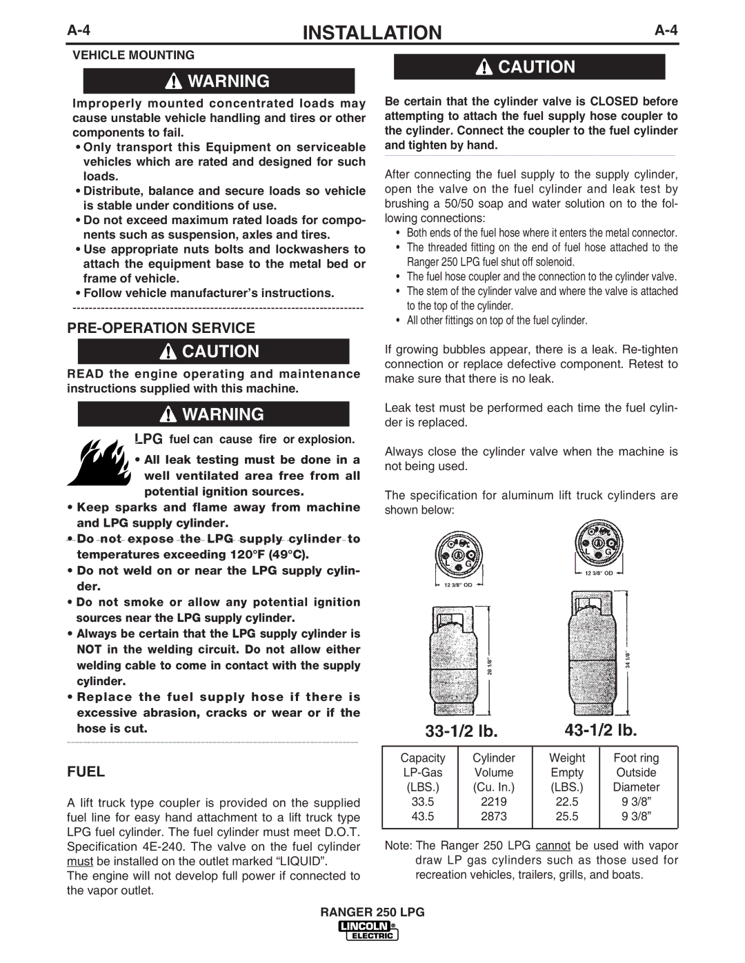 Lincoln Electric IM931 manual PRE-OPERATION Service, Fuel, Tighten by hand 