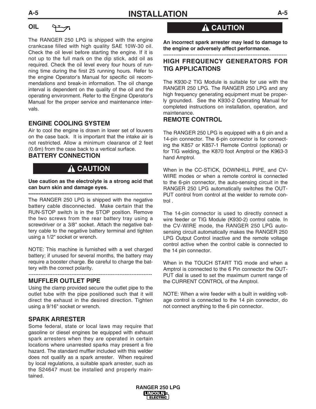 Lincoln Electric IM931 Oil, Engine Cooling System, Battery Connection, Muffler Outlet Pipe, Remote Control, Spark Arrester 