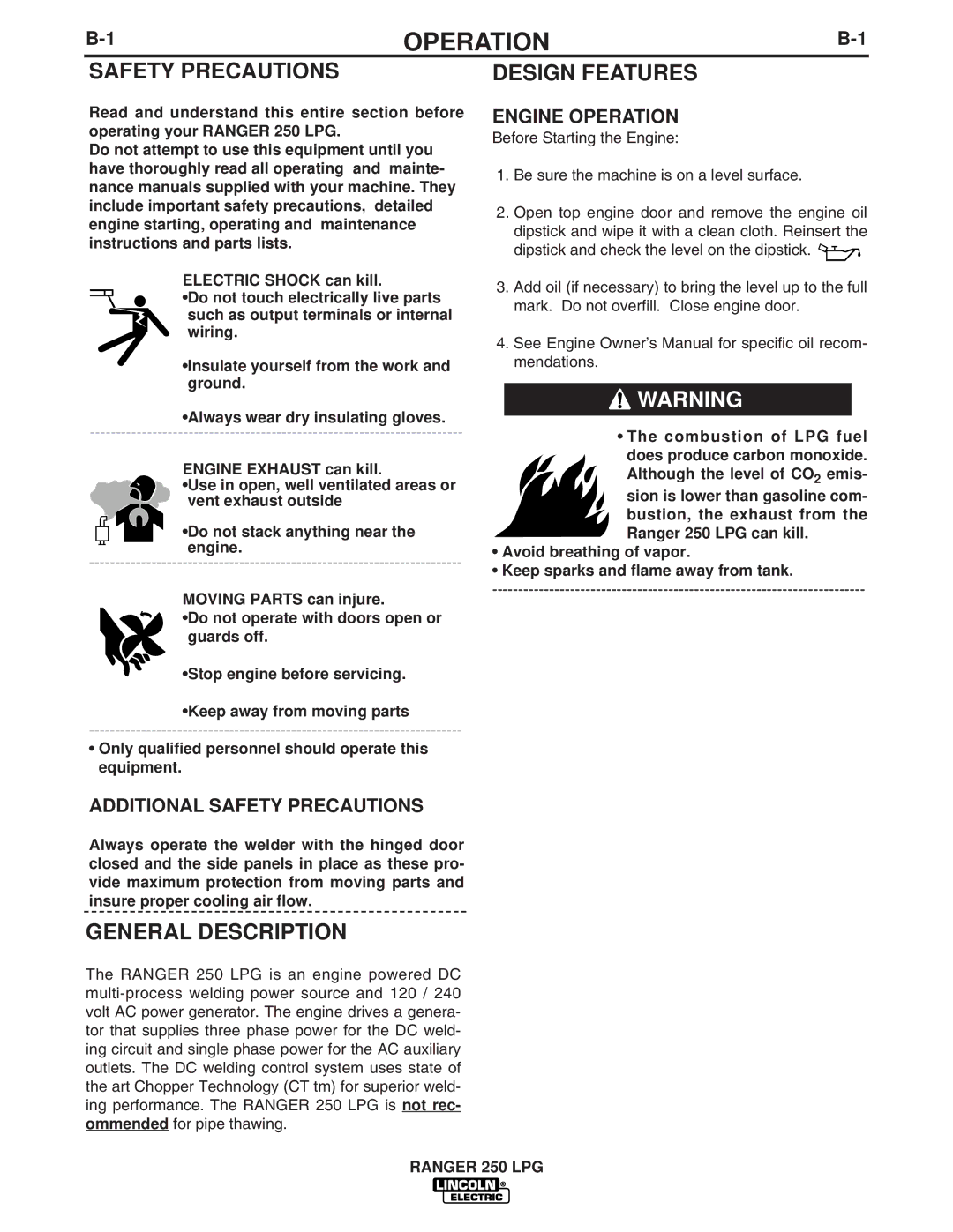 Lincoln Electric IM931 manual General Description, Design Features, Additional Safety Precautions, Engine Operation 