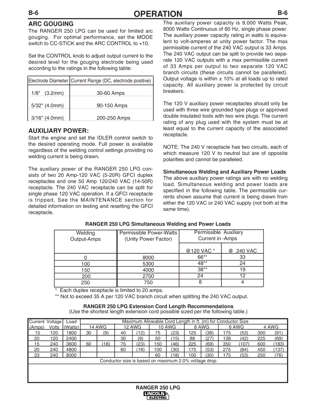 Lincoln Electric IM931 manual ARC Gouging, Auxiliary Power, Ranger 250 LPG Extension Cord Length Recommendations 