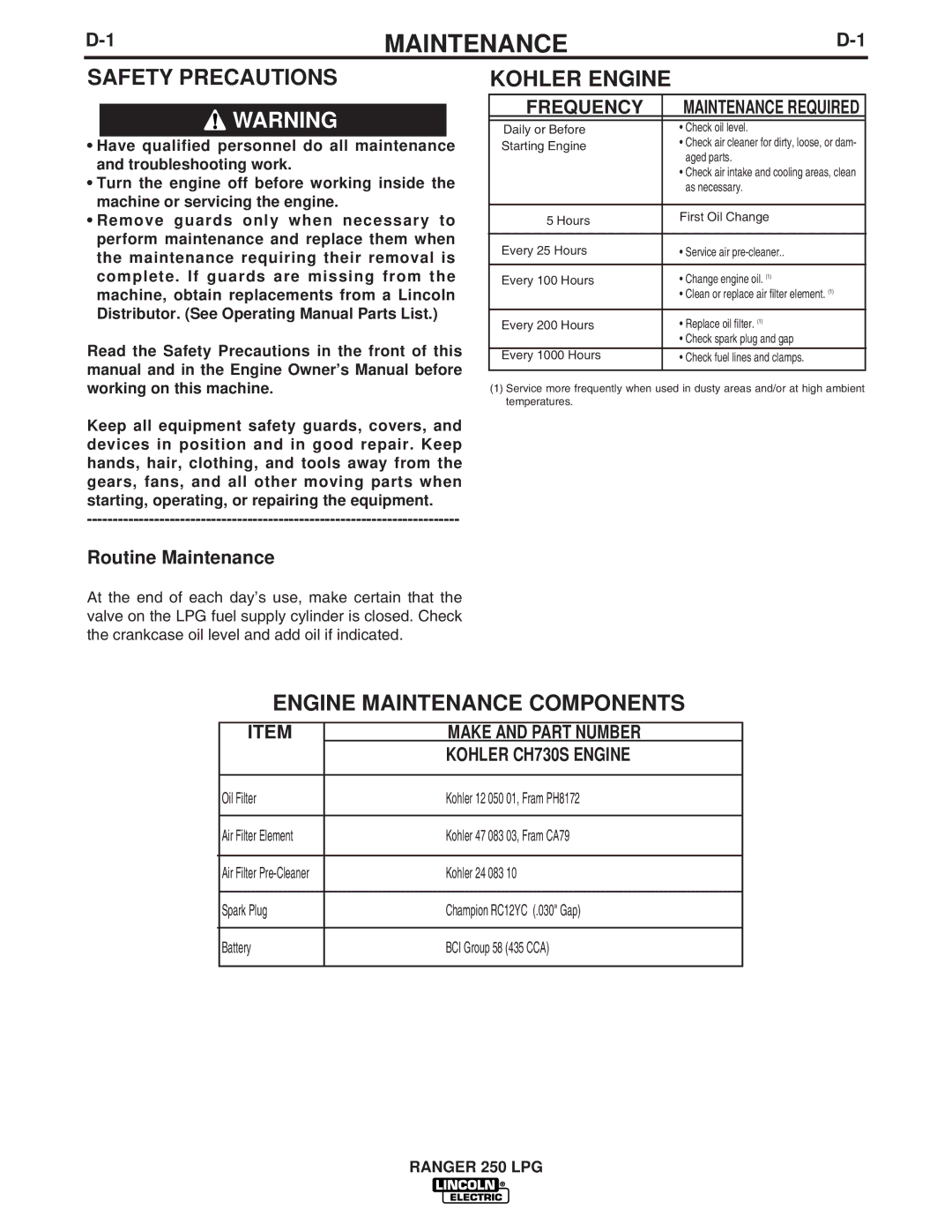 Lincoln Electric IM931 manual Kohler Engine, Engine Maintenance Components 