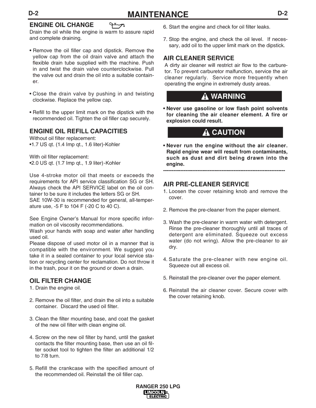 Lincoln Electric IM931 manual Engine OIL Change, Engine OIL Refill Capacities, OIL Filter Change, AIR Cleaner Service 