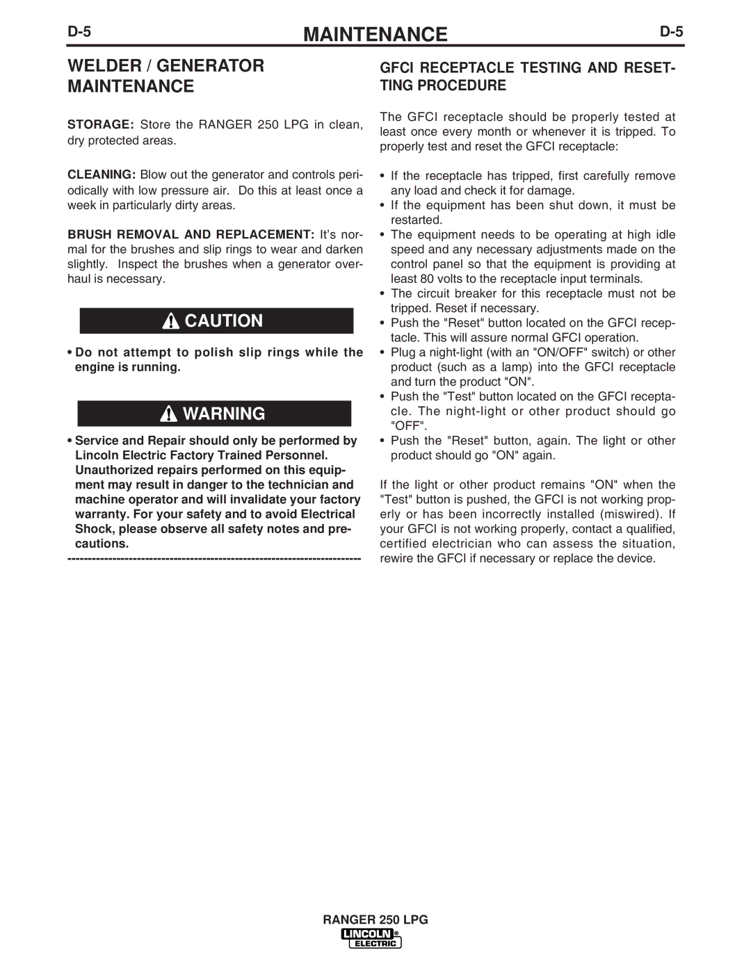 Lincoln Electric IM931 manual Welder / Generator Maintenance, Gfci Receptacle Testing and RESET- Ting Procedure 