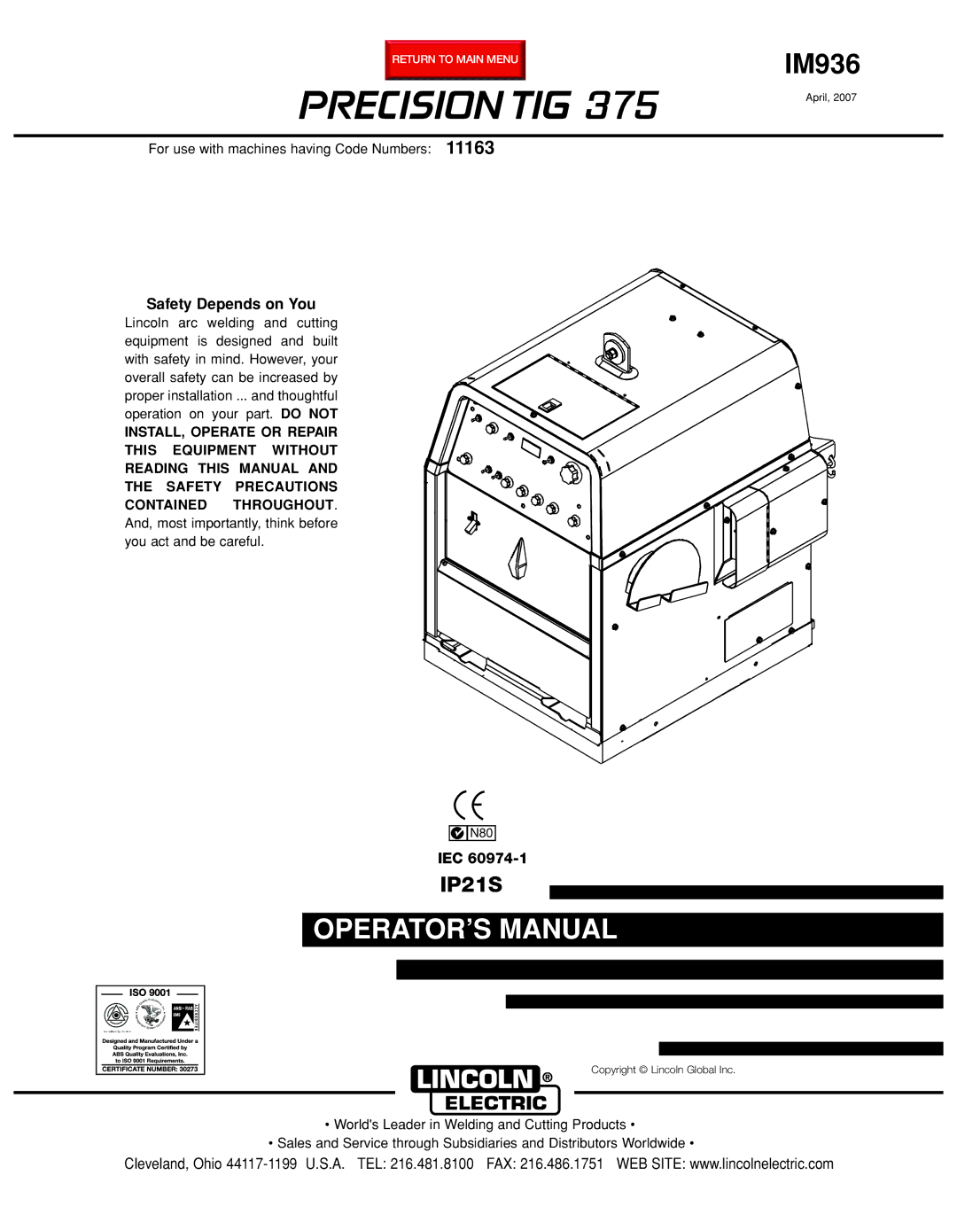 Lincoln Electric IM936 manual Precision TIG 