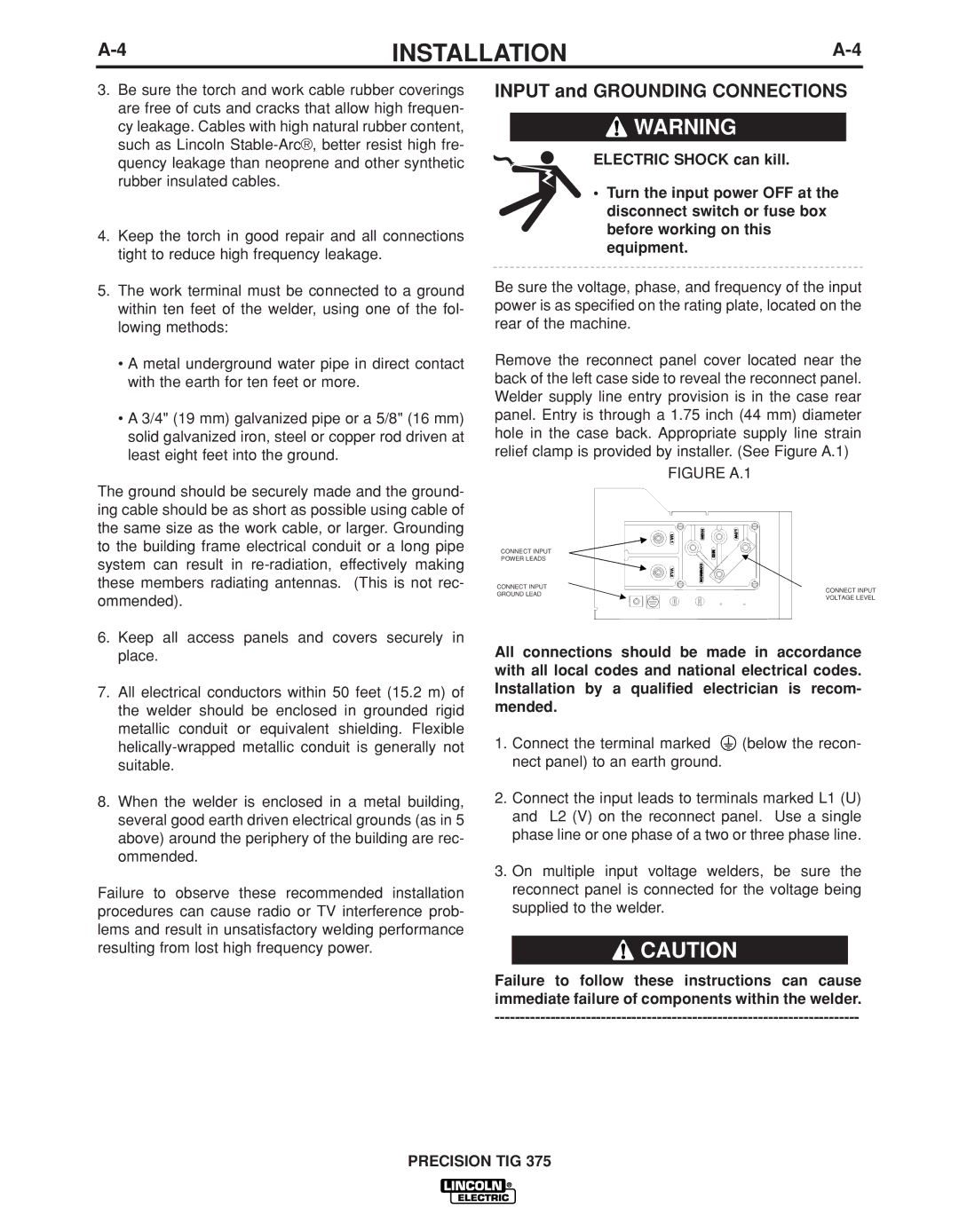 Lincoln Electric IM936 manual Input and Grounding Connections 