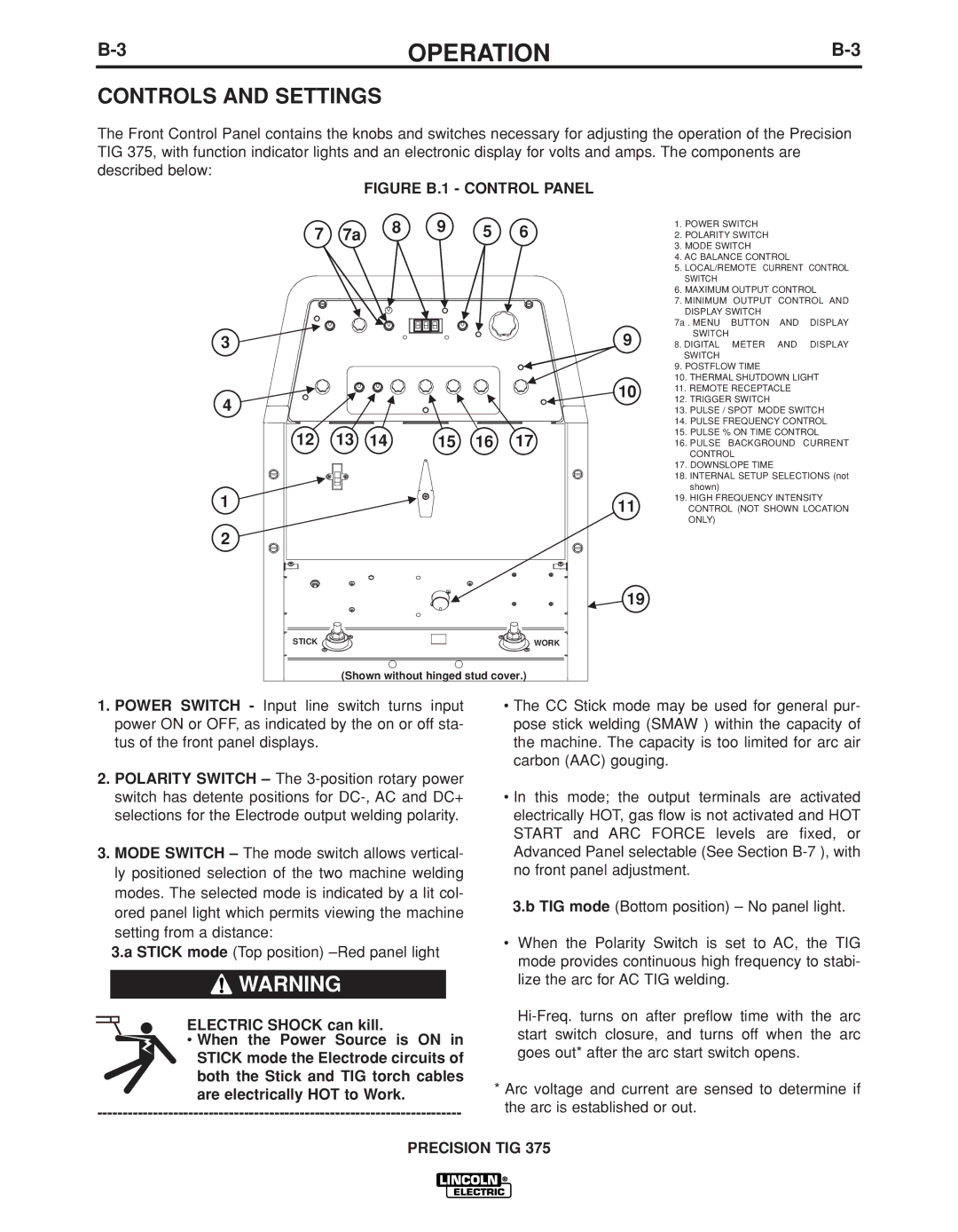 Lincoln Electric IM936 manual Controls and Settings, Figure B.1 Control Panel 