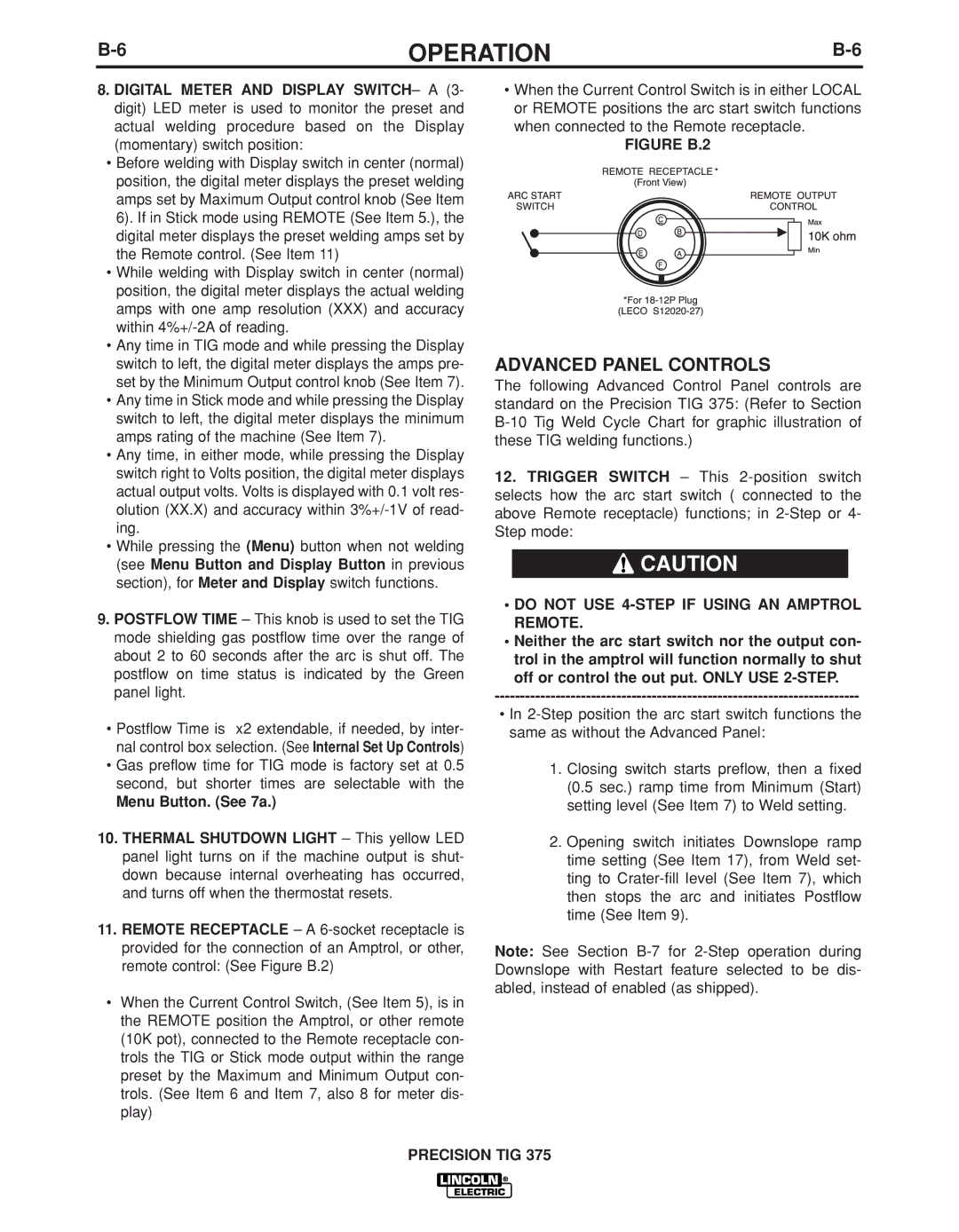 Lincoln Electric IM936 manual Advanced Panel Controls, Do not USE 4-STEP if Using AN Amptrol Remote 