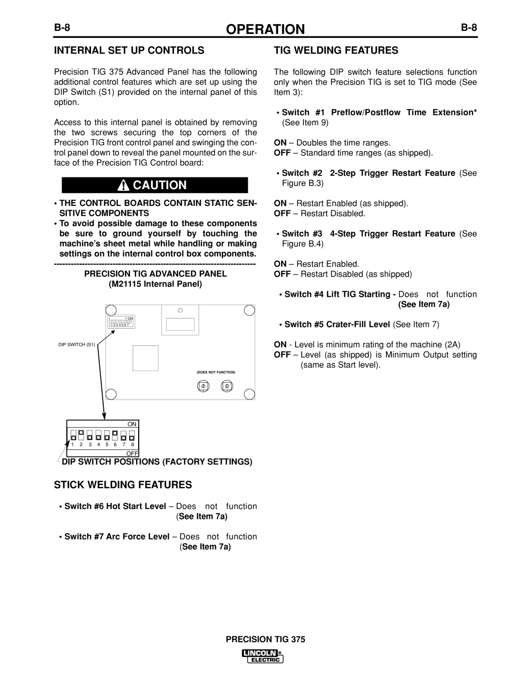 Lincoln Electric IM936 manual Internal SET UP Controls, TIG Welding Features, Stick Welding Features 