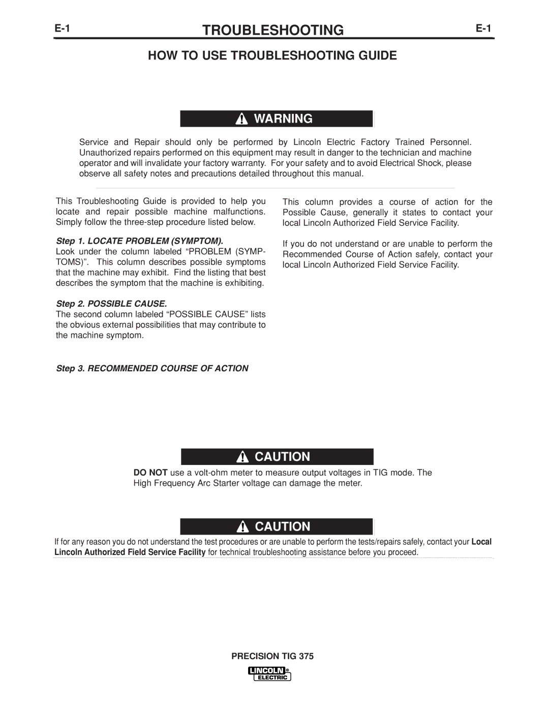 Lincoln Electric IM936 manual HOW to USE Troubleshooting Guide 