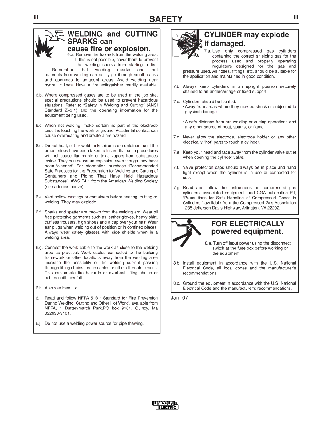 Lincoln Electric IM936 manual Welding and Cutting Sparks can Cause fire or explosion 