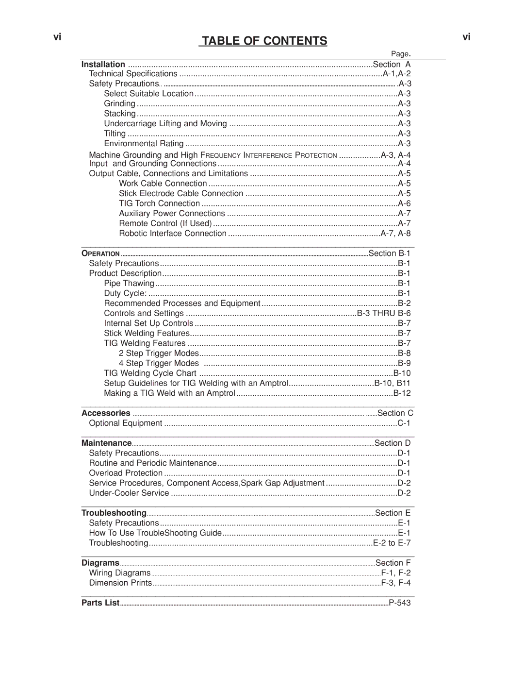 Lincoln Electric IM936 manual Table of Contents 