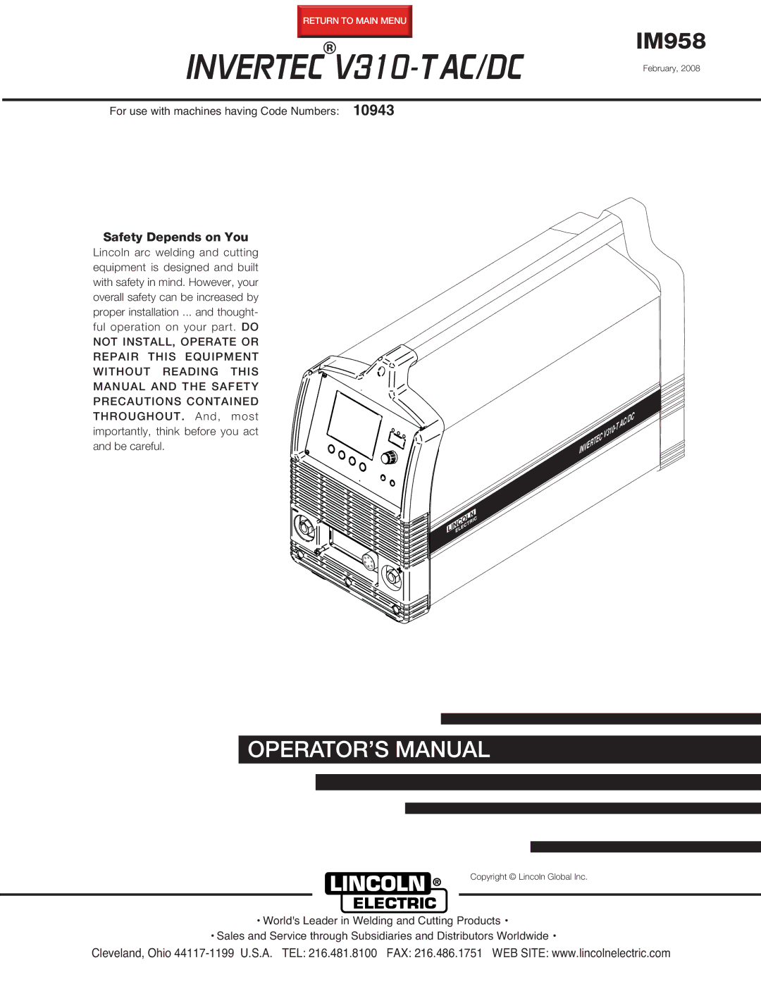 Lincoln Electric IM958 manual Invertec V310-T AC/DC February 