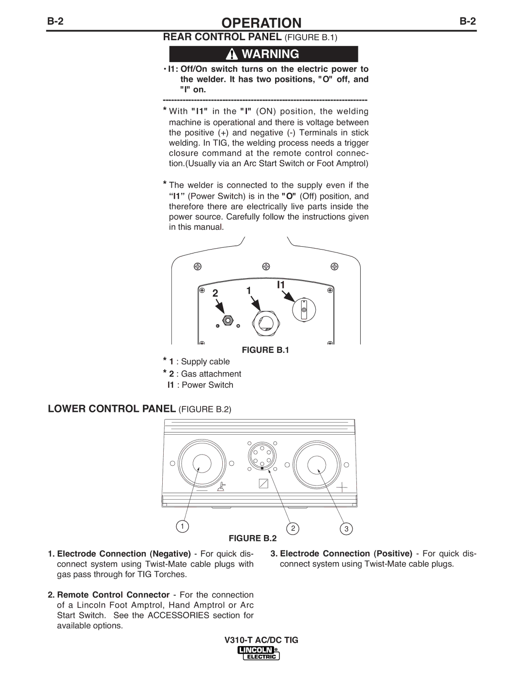 Lincoln Electric IM958 manual Rear Control Panel Figure B.1, Lower Control Panel Figure B.2, Supply cable 