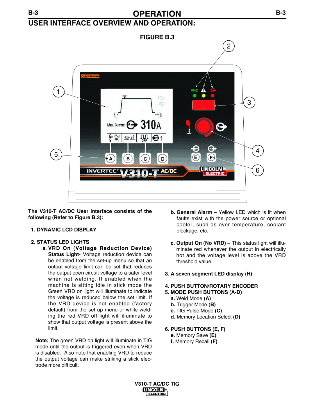 Lincoln Electric IM958 manual 3OPERATIONB-3, User Interface Overview and Operation, Dynamic LCD Display Status LED Lights 