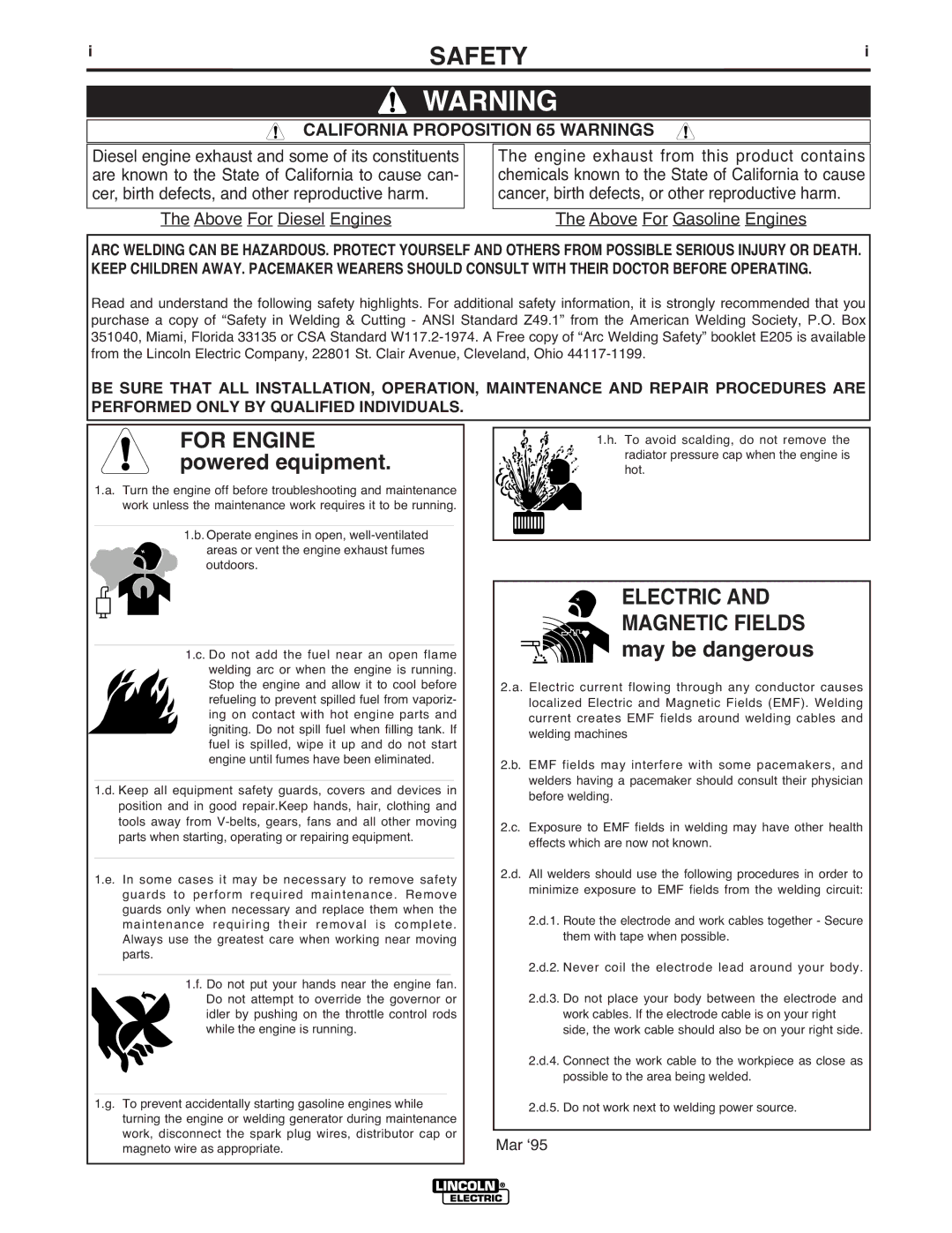 Lincoln Electric IM958 manual Safety, For Engine, Electric Magnetic Fields 