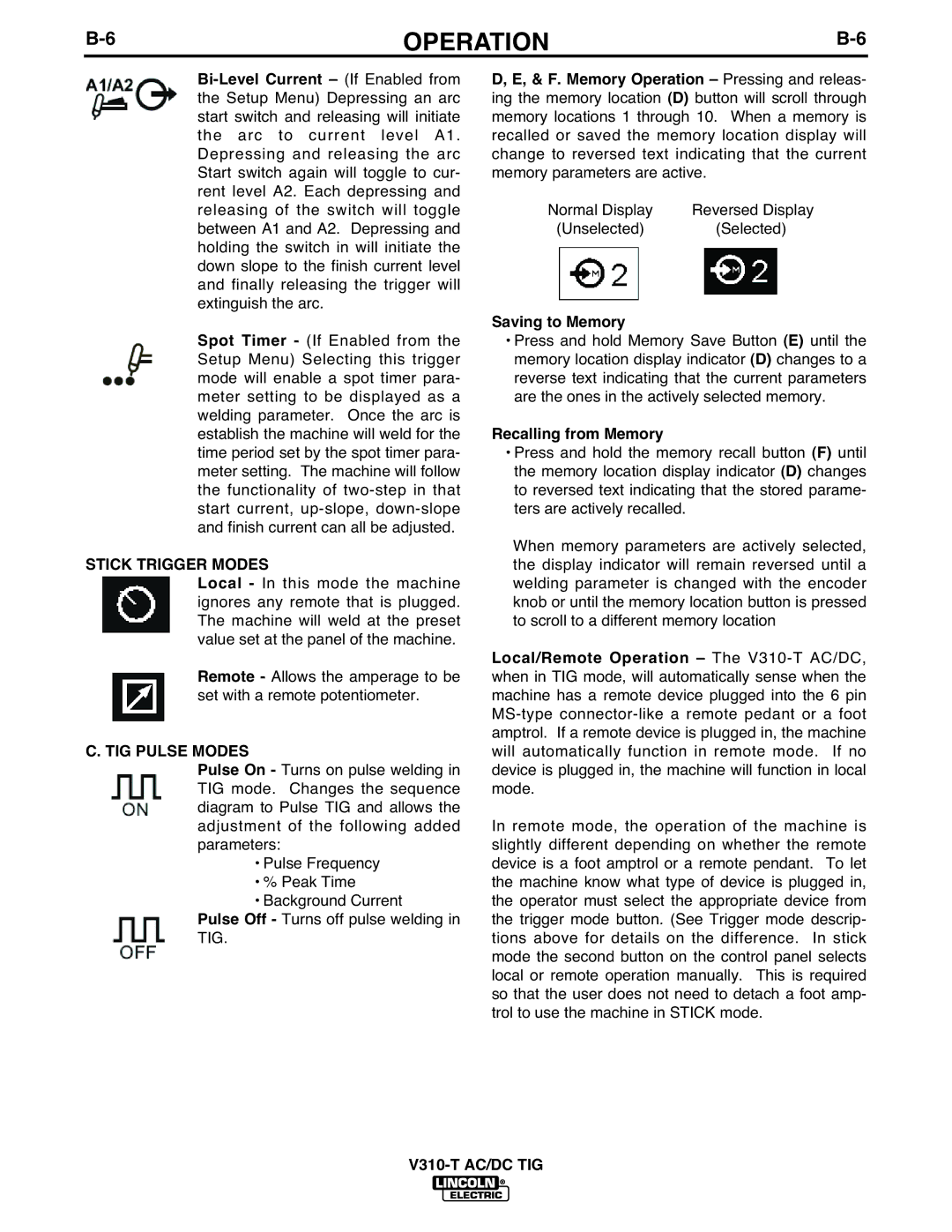 Lincoln Electric IM958 manual Bi-Level Current, F. Memory Operation, Stick Trigger Modes, TIG Pulse Modes 