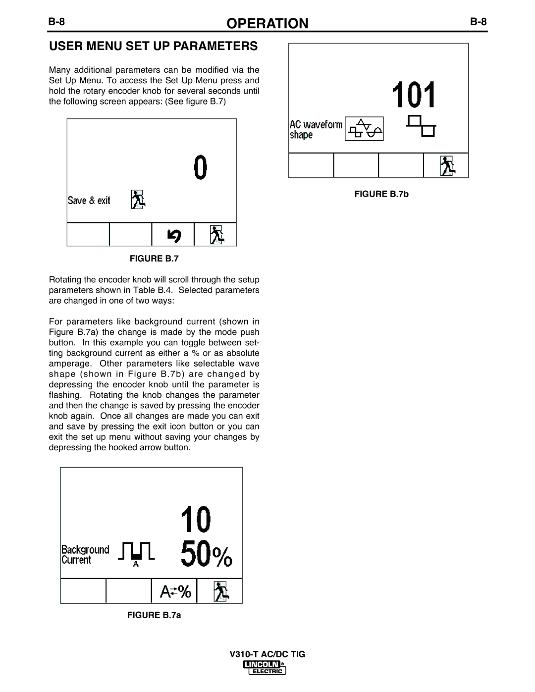 Lincoln Electric IM958 manual User Menu SET UP Parameters, Figure B.7b 