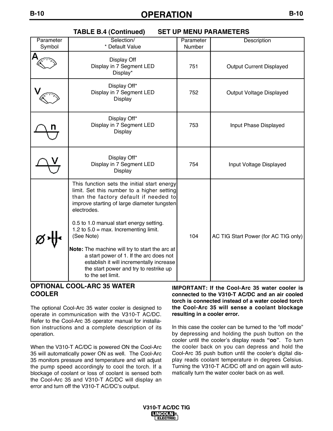 Lincoln Electric IM958 manual Table B.4, Optional COOL-ARC 35 Water, Cooler 