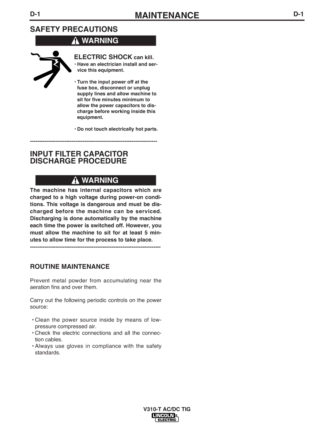 Lincoln Electric IM958 manual Safety Precautions, Input Filter Capacitor Discharge Procedure, Routine Maintenance 