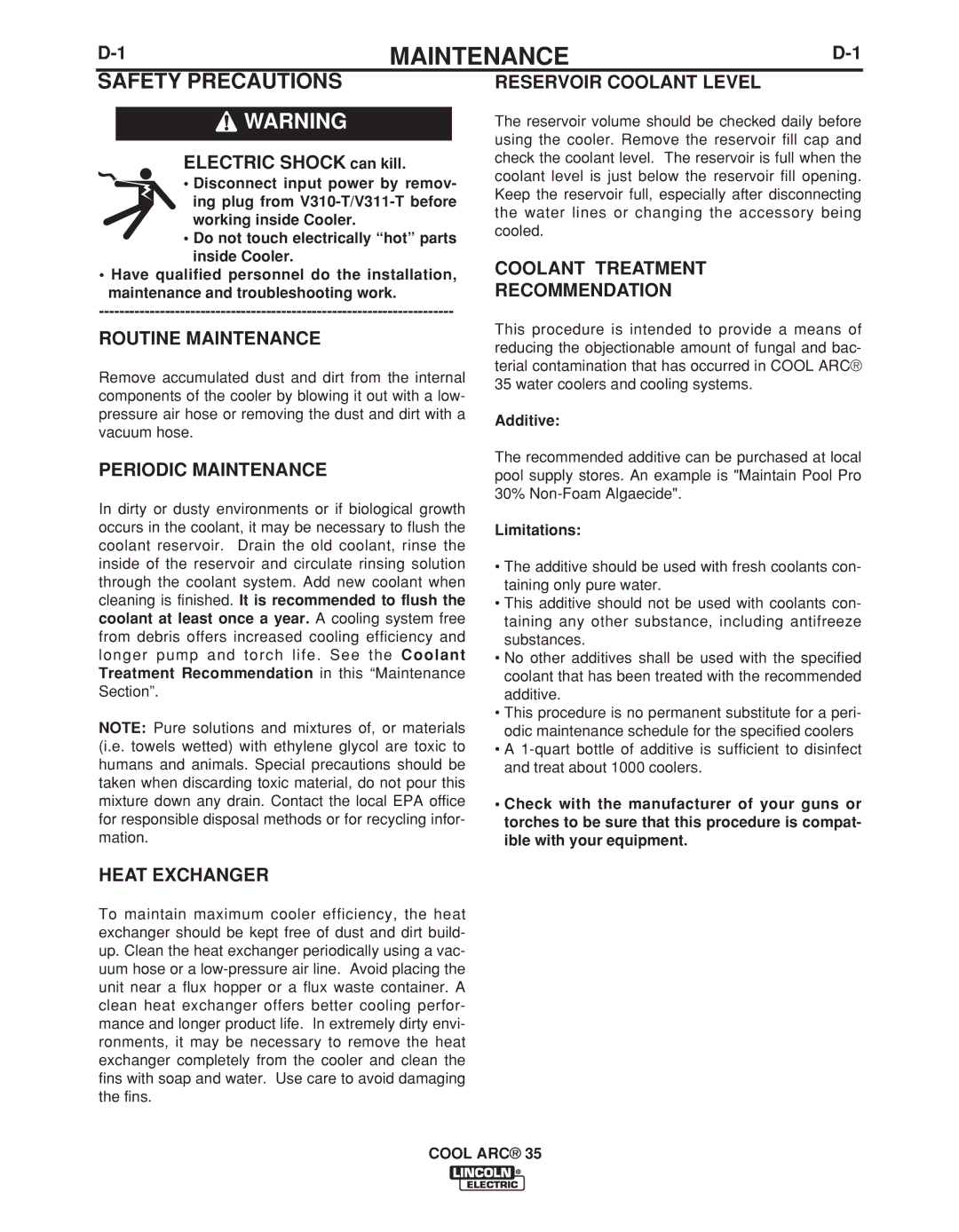 Lincoln Electric IM959 manual Maintenance 