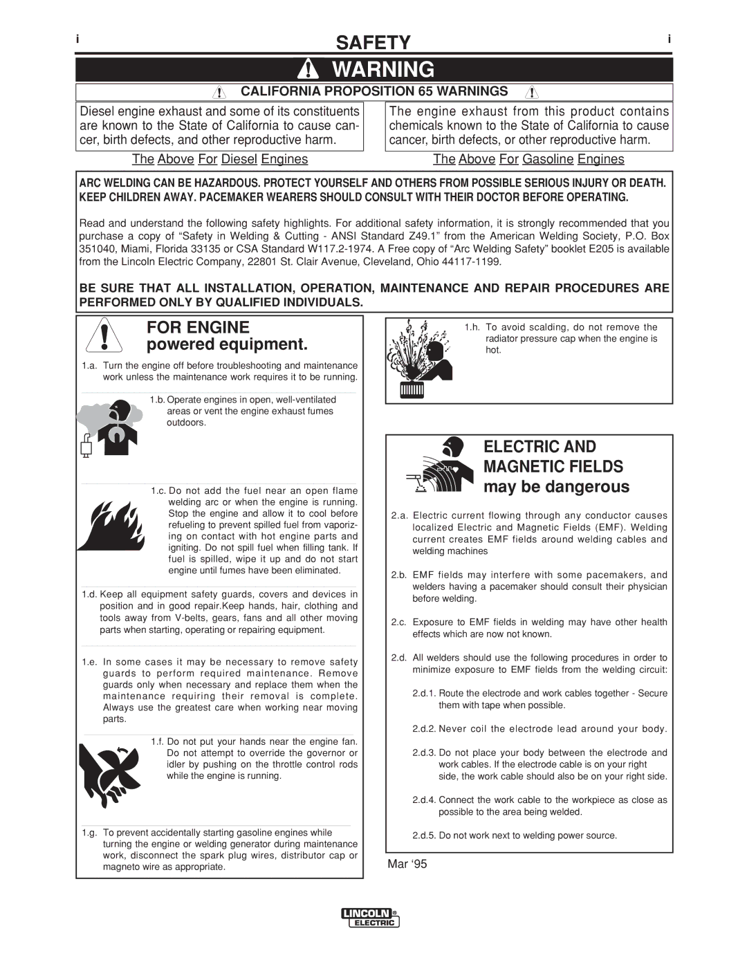 Lincoln Electric IM959 manual Safety, California Proposition 65 Warnings 