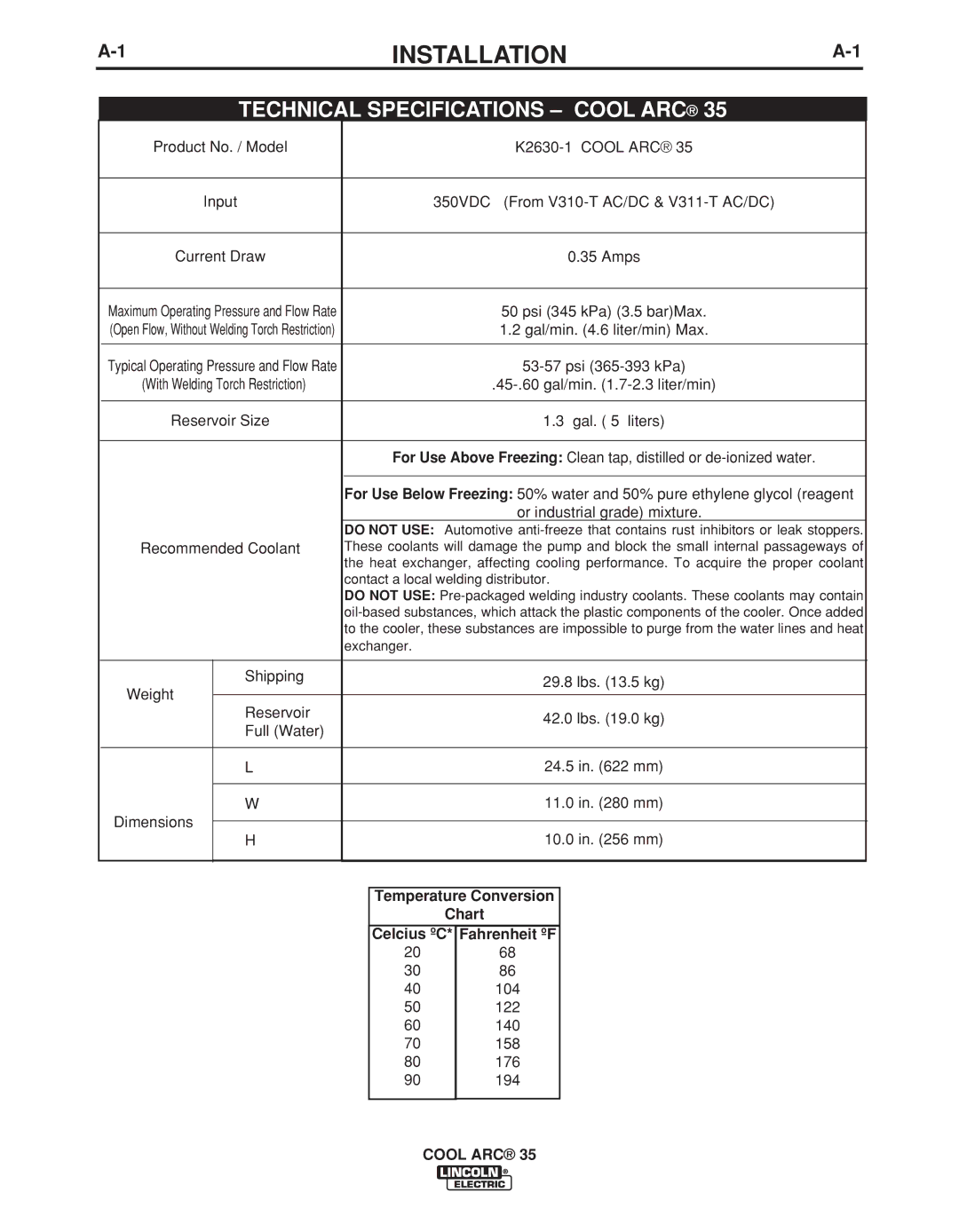 Lincoln Electric IM959 manual Installation, Temperature Conversion Chart Celcius ºC Fahrenheit ºF 